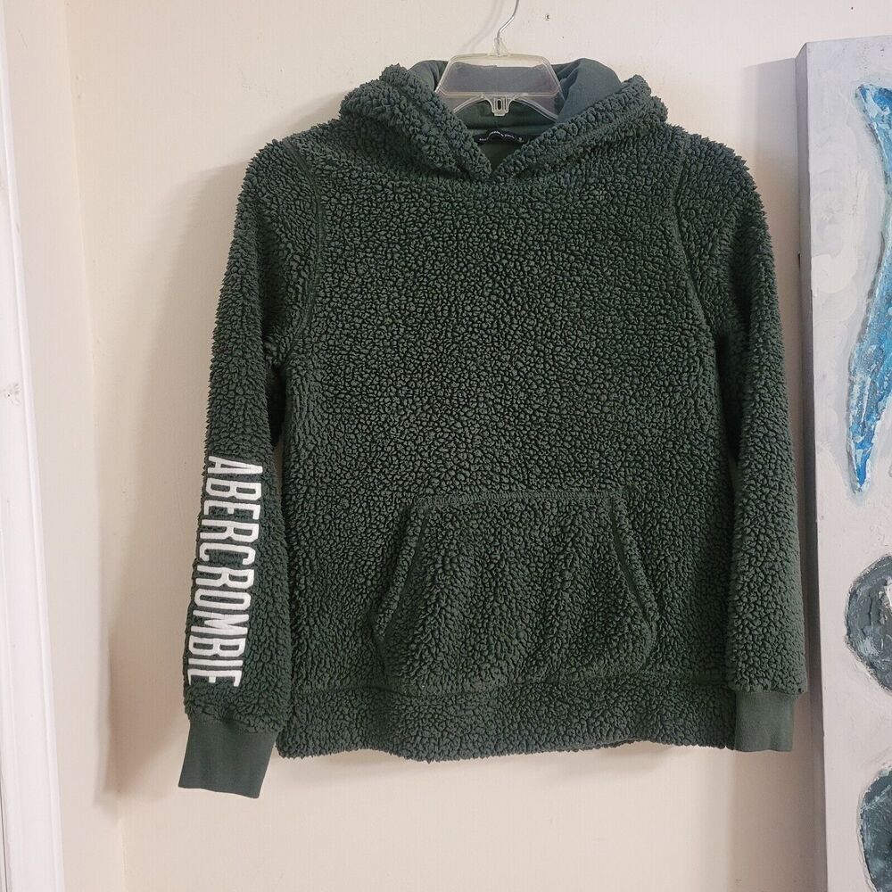 Abercrombie & Fitch Size Small Pullover Sherpaโ Hoodie Green Spellout, casual